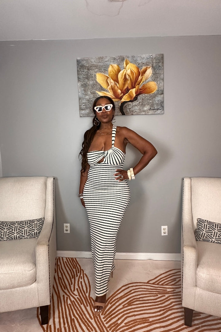 Showstopper Striped Maxi Dress - Cream and Forest Green