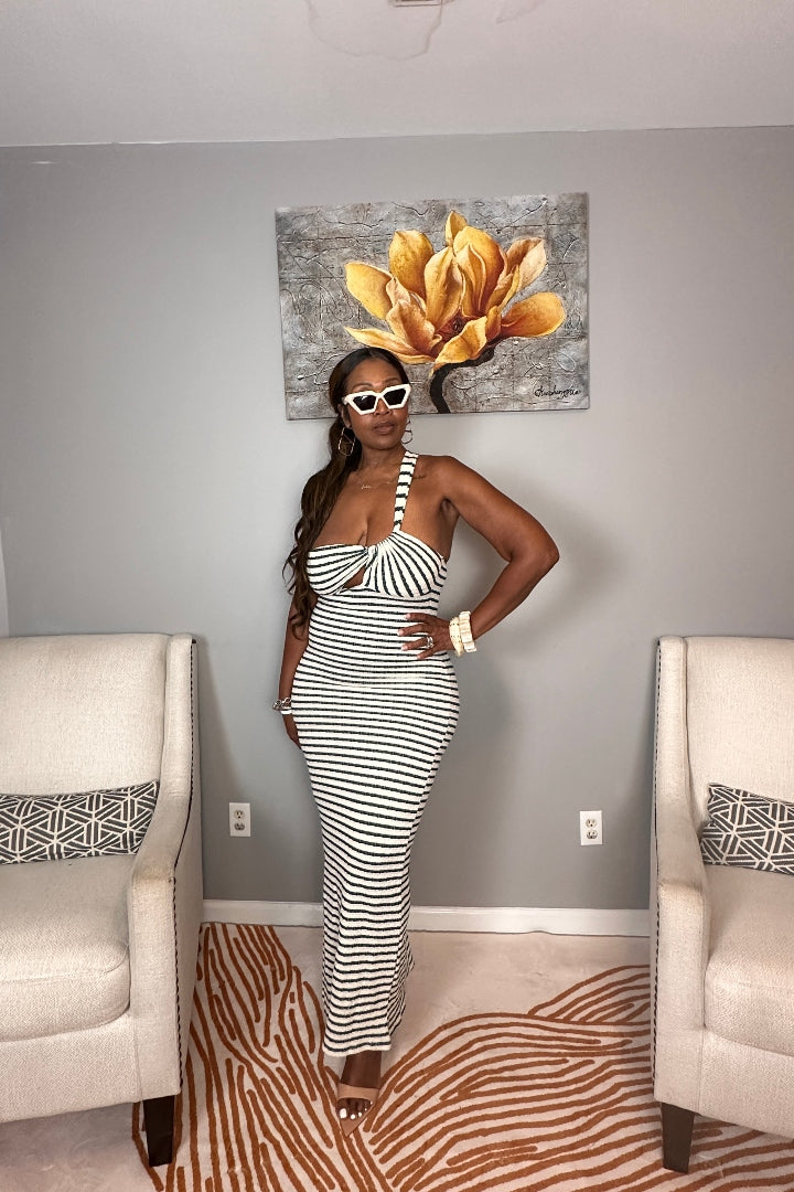 Showstopper Striped Maxi Dress - Cream and Forest Green