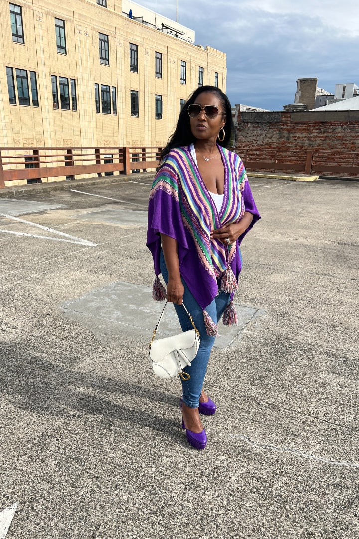 Rich Auntie Winter Open Front Poncho -  Purple Pink Green Blend