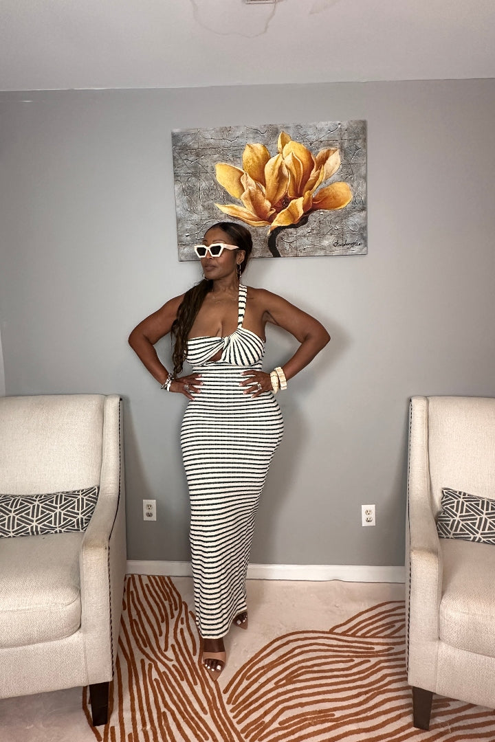 Showstopper Striped Maxi Dress - Cream and Forest Green