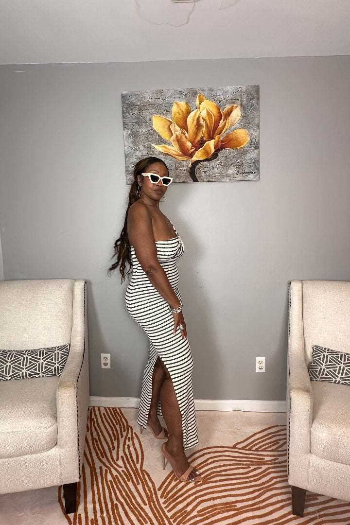 Showstopper Striped Maxi Dress - Cream and Forest Green