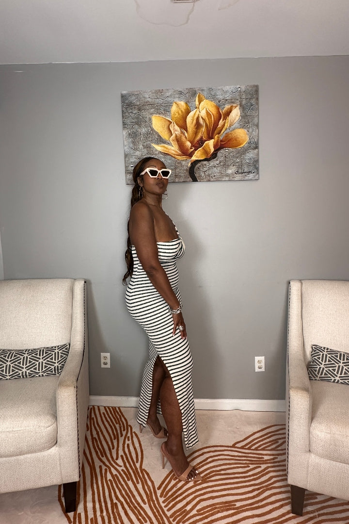 Showstopper Striped Maxi Dress - Cream and Forest Green