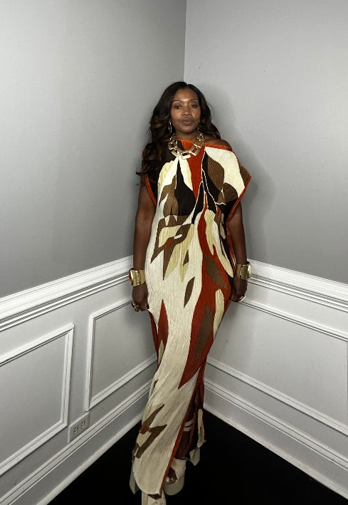 PRE-ORDER Fall pleated maxi dress with matching scarf - burnt orange cream chocolate blend Ships 9/4