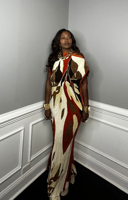 PRE-ORDER Fall pleated maxi dress with matching scarf - burnt orange cream chocolate blend Ships 9/4