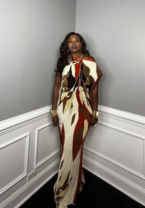 PRE-ORDER Fall pleated maxi dress with matching scarf - burnt orange cream chocolate blend Ships 9/4