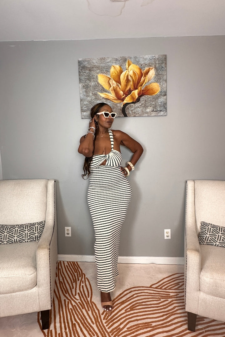 Showstopper Striped Maxi Dress - Cream and Forest Green