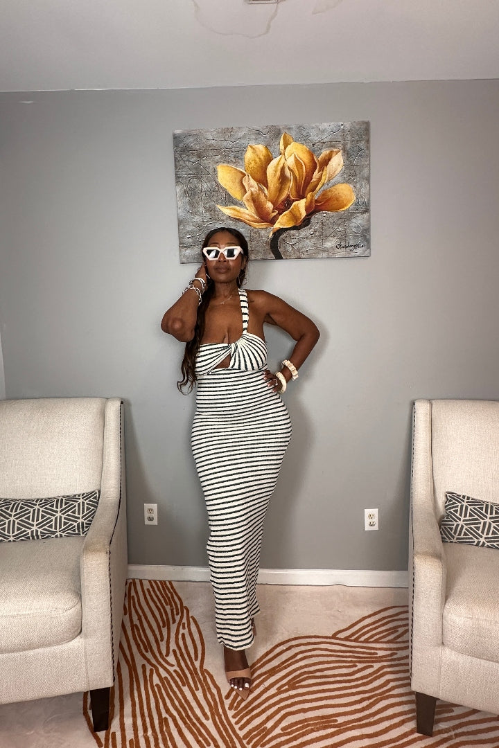 Showstopper Striped Maxi Dress - Cream and Forest Green