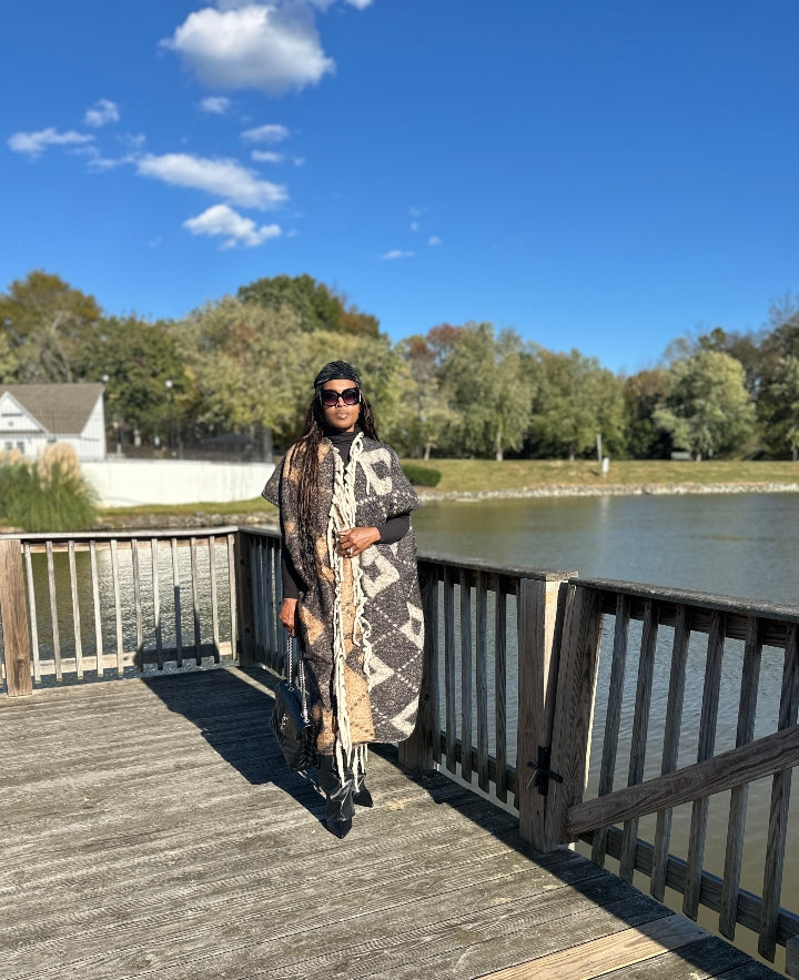 NEW Rich Auntie Aspen Winter Open Front Corded Kimono Coat - Black and Tan Blend Ships 11/4