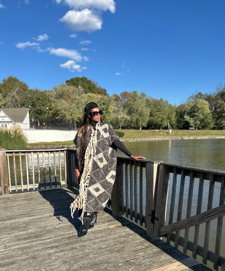 NEW Rich Auntie Aspen Winter Open Front Corded Kimono Coat - Black and Tan Blend Ships 11/4