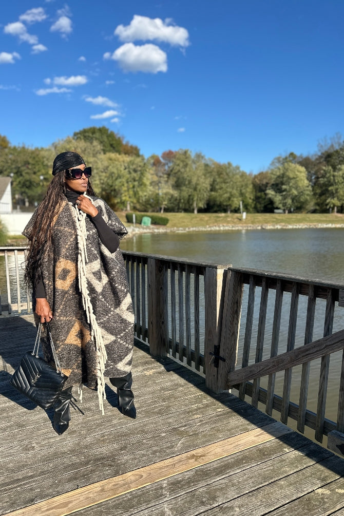 NEW Rich Auntie Aspen Winter Open Front Corded Kimono Coat - Black and Tan Blend Ships 11/4