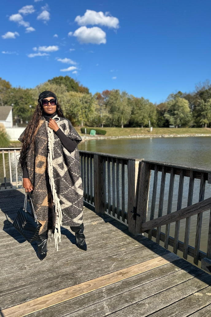 NEW Rich Auntie Aspen Winter Open Front Corded Kimono Coat - Black and Tan Blend Ships 11/4