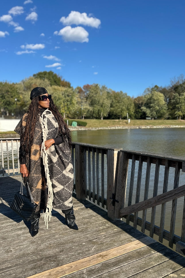 NEW Rich Auntie Aspen Winter Open Front Corded Kimono Coat - Black and Tan Blend Ships 11/4
