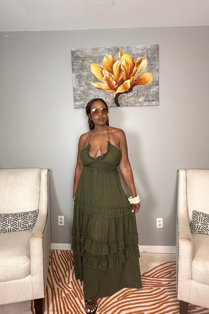 Grown Woman Summer Tiered Maxi Dress - Dark Olive