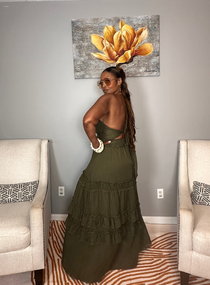 Grown Woman Summer Tiered Maxi Dress - Dark Olive
