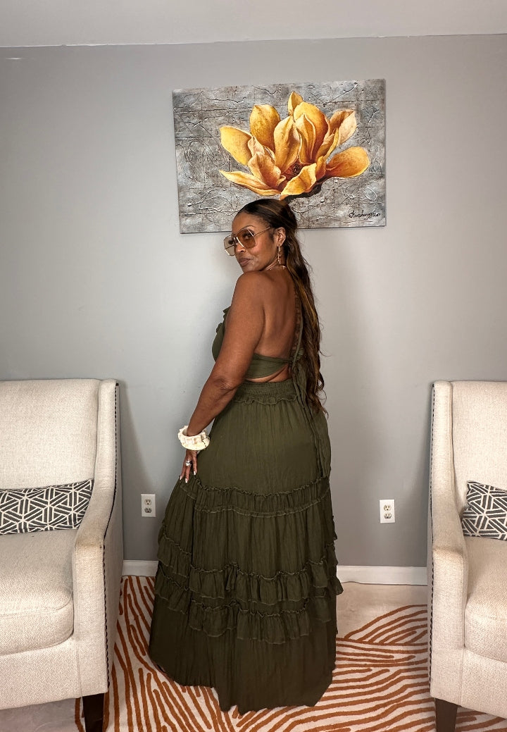 Grown Woman Summer Tiered Maxi Dress - Dark Olive