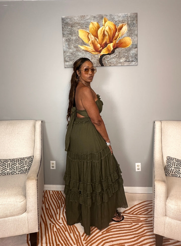 Grown Woman Summer Tiered Maxi Dress - Dark Olive
