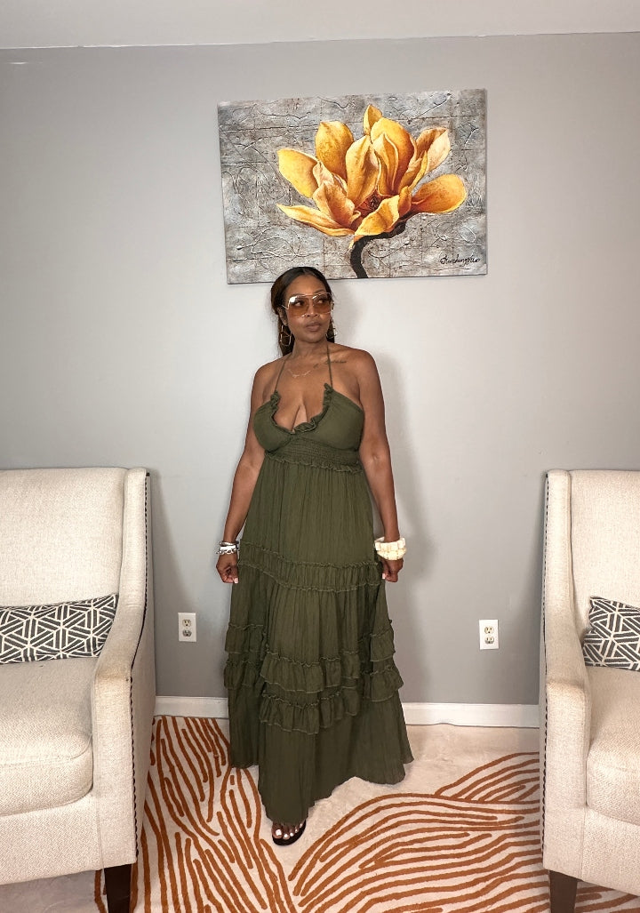 Grown Woman Summer Tiered Maxi Dress - Dark Olive