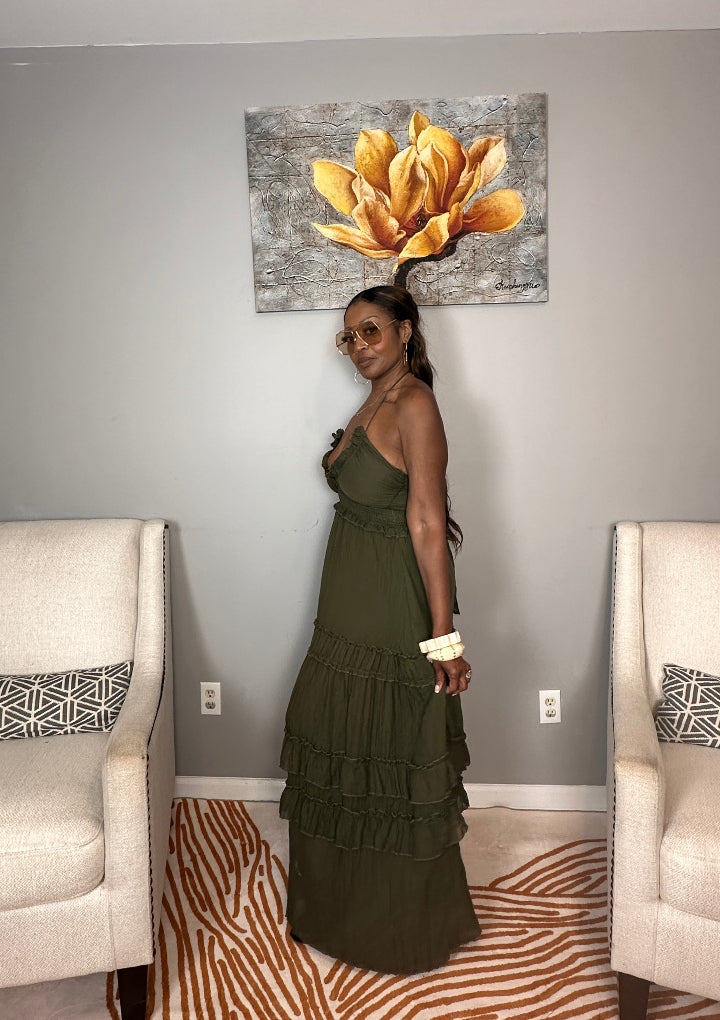 Grown Woman Summer Tiered Maxi Dress - Dark Olive