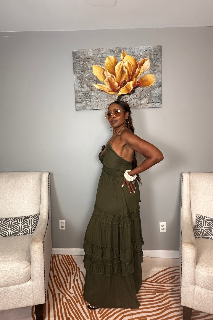 Grown Woman Summer Tiered Maxi Dress - Dark Olive