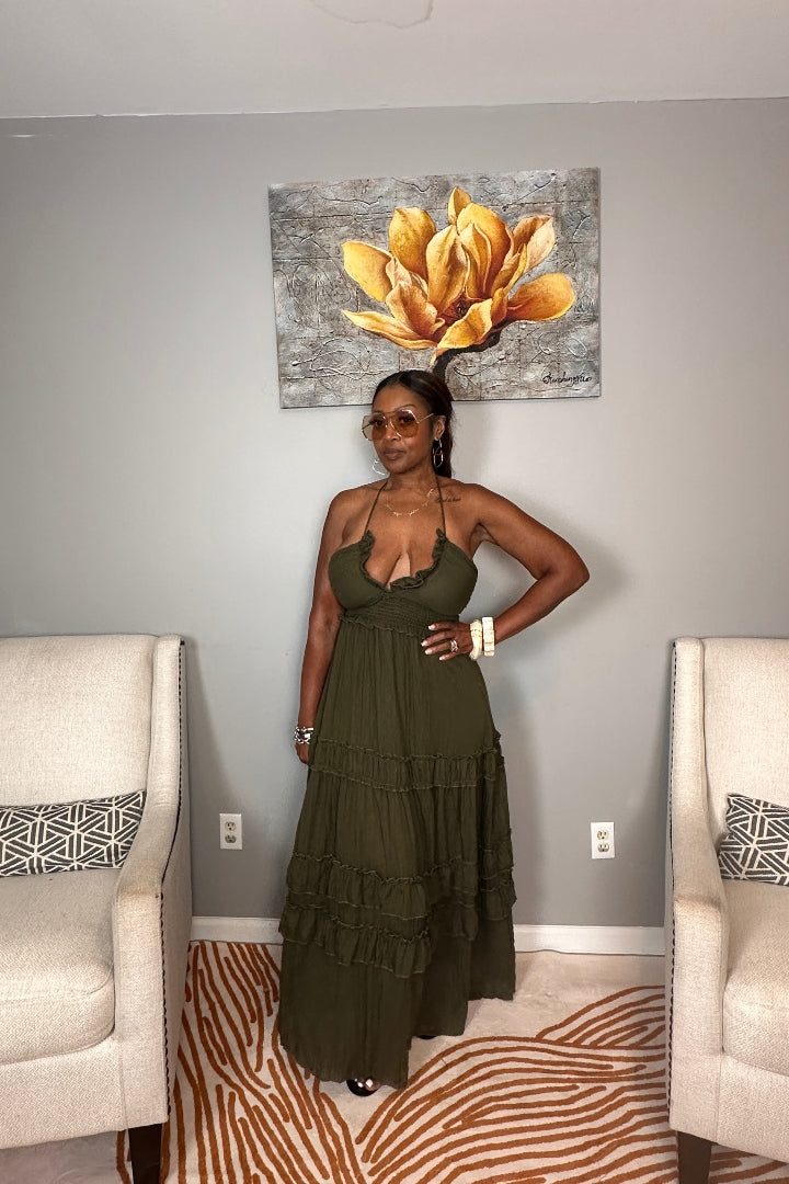 Grown Woman Summer Tiered Maxi Dress - Dark Olive