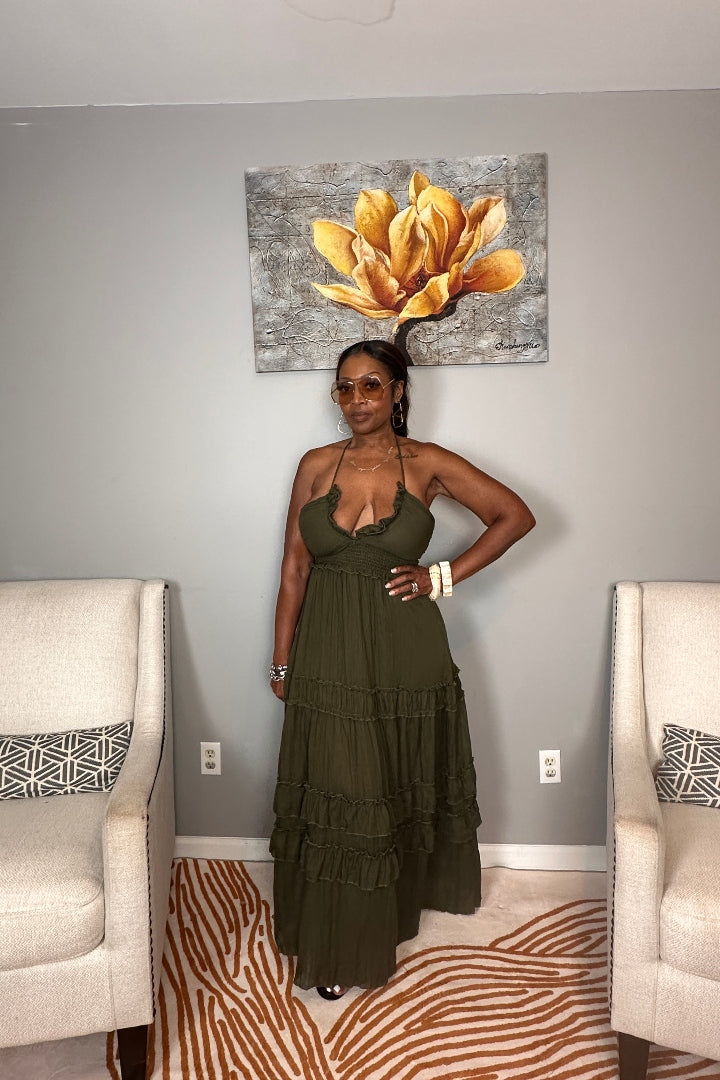 Grown Woman Summer Tiered Maxi Dress - Dark Olive