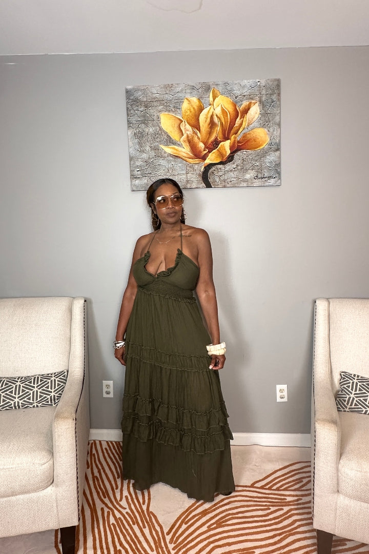 Grown Woman Summer Tiered Maxi Dress - Dark Olive