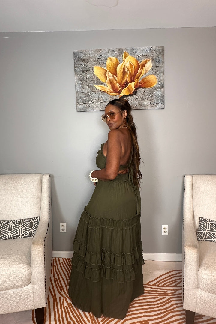 Grown Woman Summer Tiered Maxi Dress - Dark Olive
