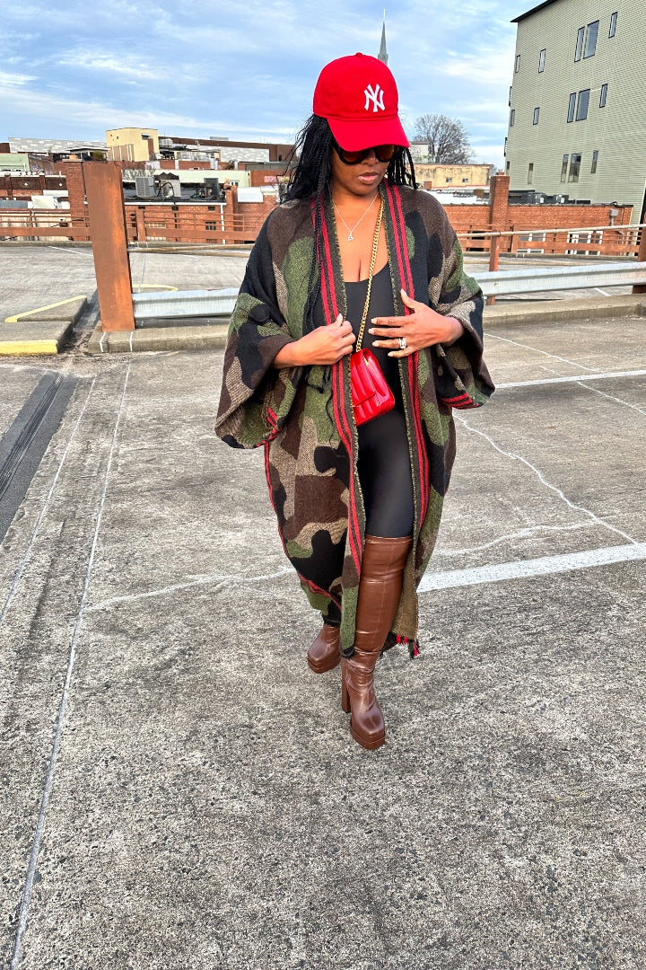 Camo Is The New Black Winter Open Front Long Cardigan - Black Chocolate Brown Olive Blend