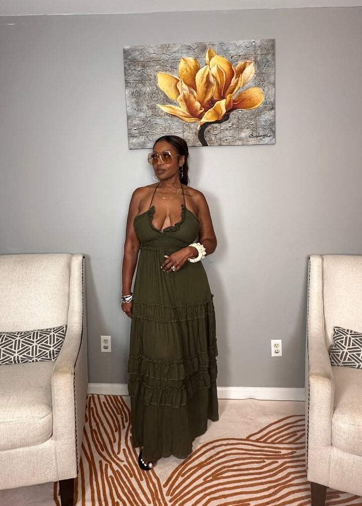 Grown Woman Summer Tiered Maxi Dress - Dark Olive