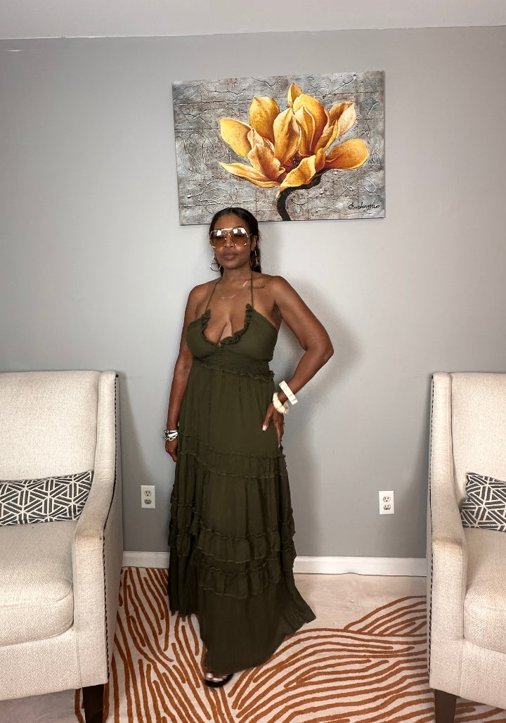 Grown Woman Summer Tiered Maxi Dress - Dark Olive