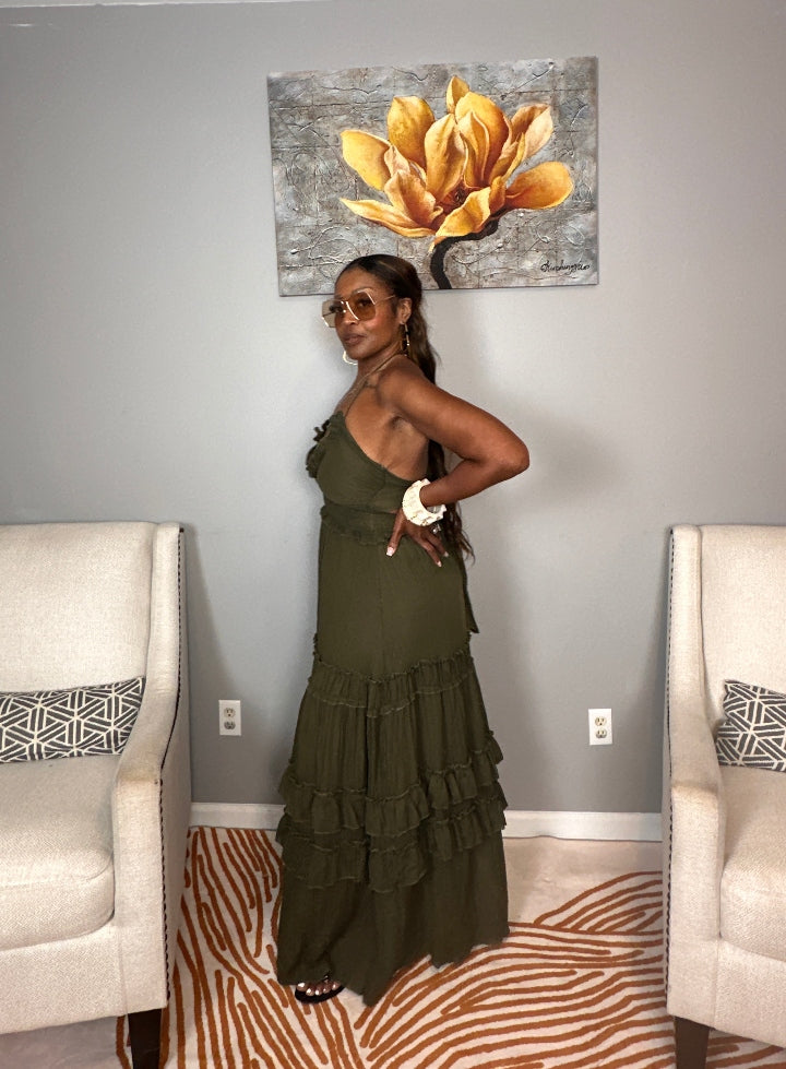 Grown Woman Summer Tiered Maxi Dress - Dark Olive