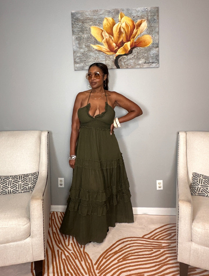 Grown Woman Summer Tiered Maxi Dress - Dark Olive