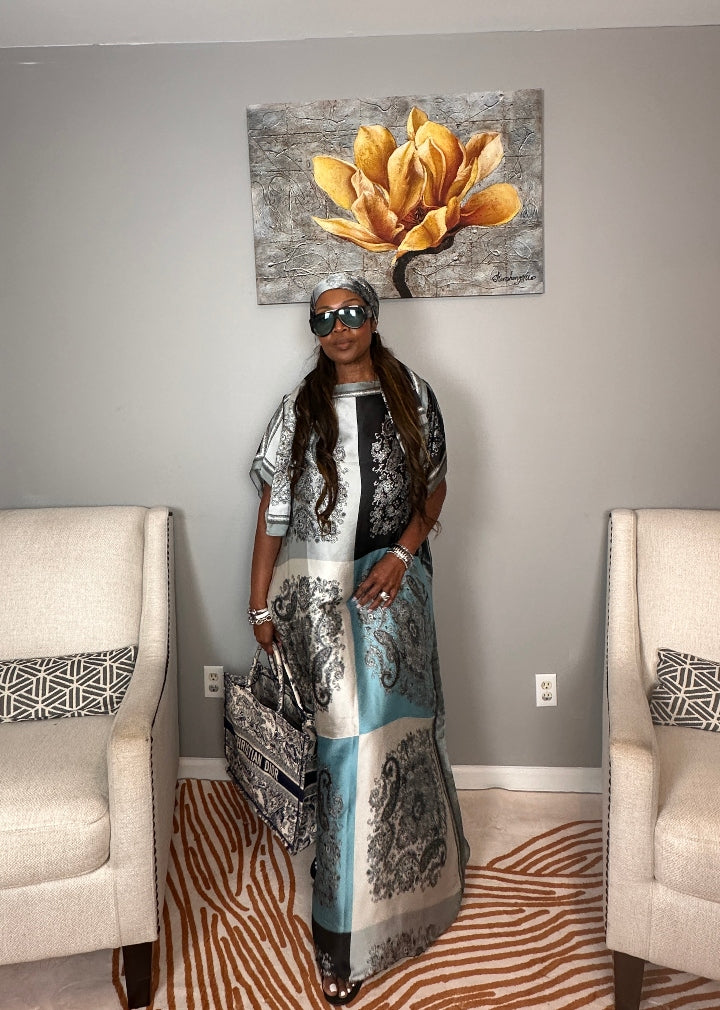 Vacation Vibes Kaftan Maxi Dress with Matching Scarf  -  Black White Silver Turquoise Blend