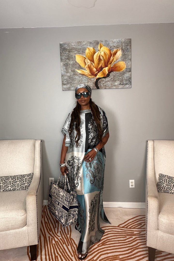 Vacation Vibes Kaftan Maxi Dress with Matching Scarf  -  Black White Silver Turquoise Blend