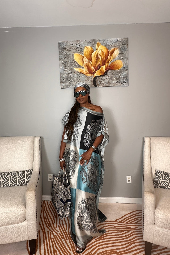 Vacation Vibes Kaftan Maxi Dress with Matching Scarf  -  Black White Silver Turquoise Blend