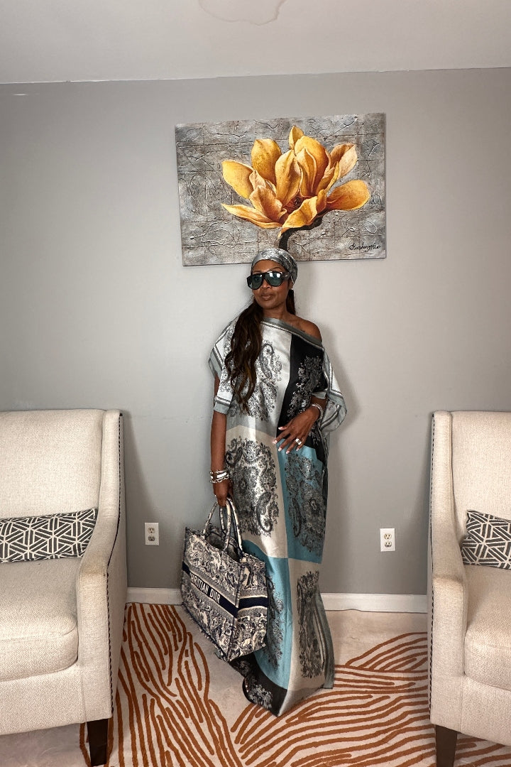 Vacation Vibes Kaftan Maxi Dress with Matching Scarf  -  Black White Silver Turquoise Blend
