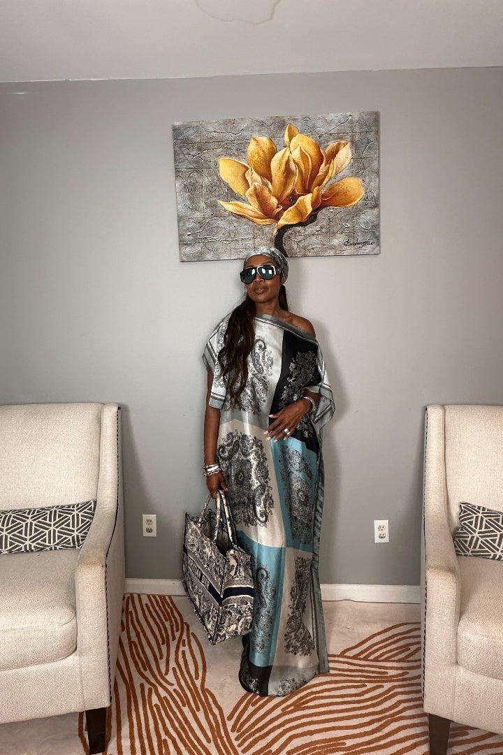 Vacation Vibes Kaftan Maxi Dress with Matching Scarf  -  Black White Silver Turquoise Blend