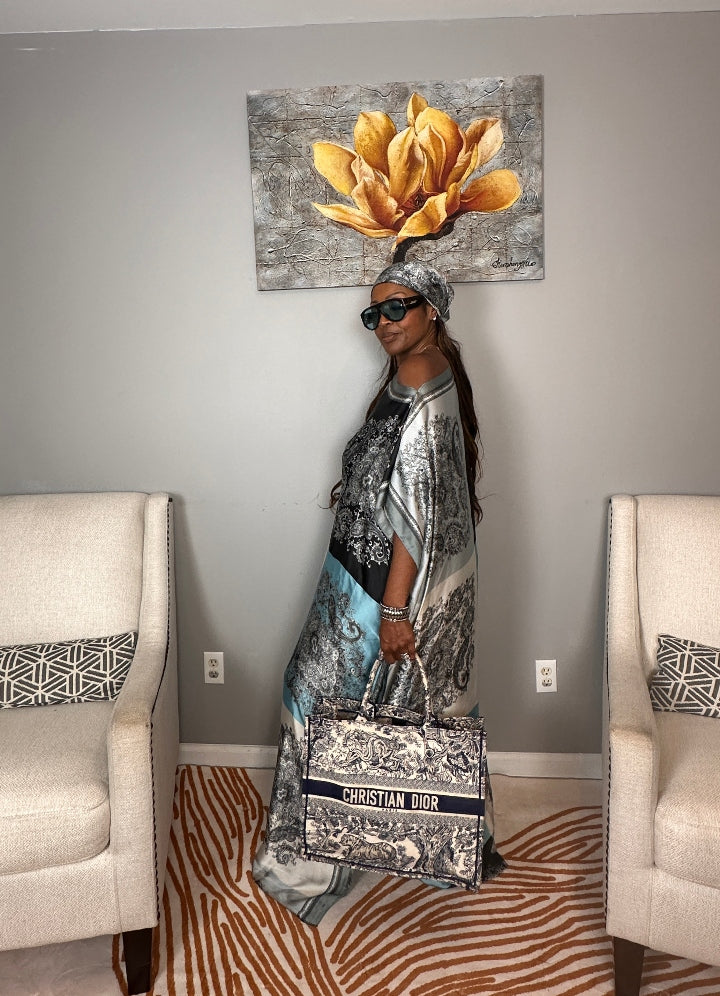 Vacation Vibes Kaftan Maxi Dress with Matching Scarf  -  Black White Silver Turquoise Blend
