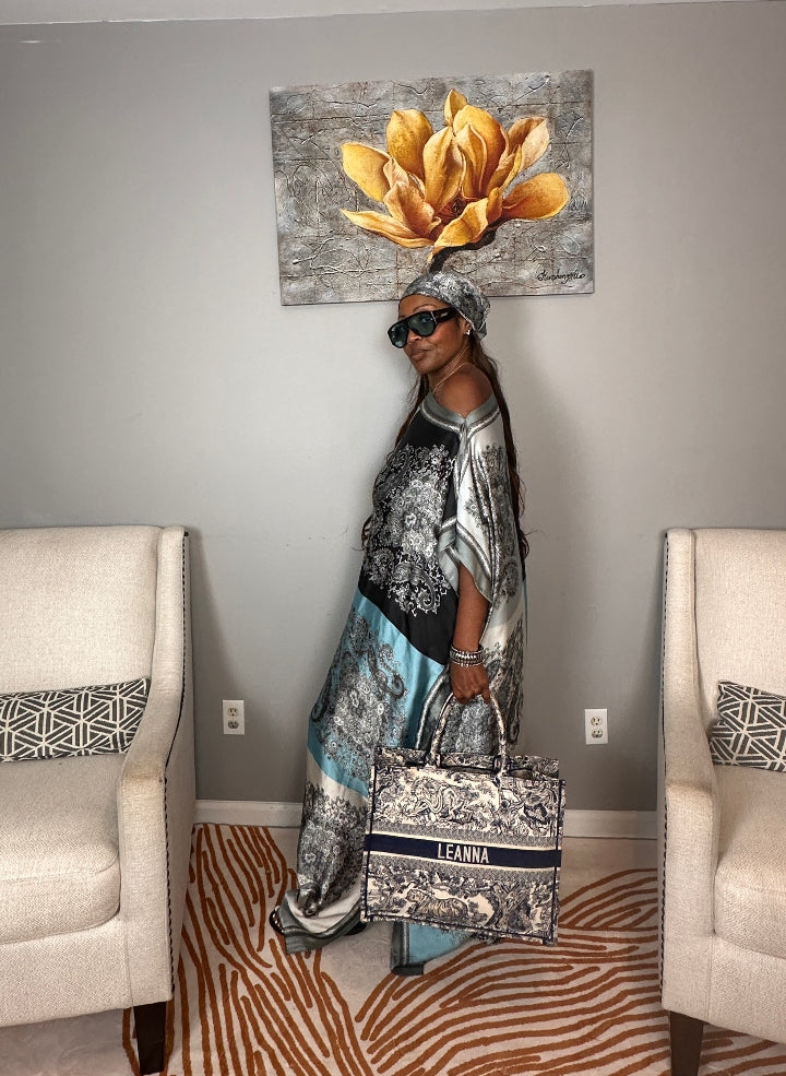 Vacation Vibes Kaftan Maxi Dress with Matching Scarf  -  Black White Silver Turquoise Blend