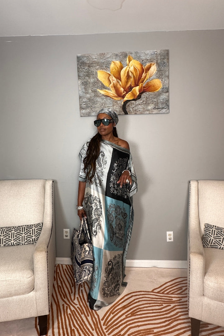 Vacation Vibes Kaftan Maxi Dress with Matching Scarf  -  Black White Silver Turquoise Blend