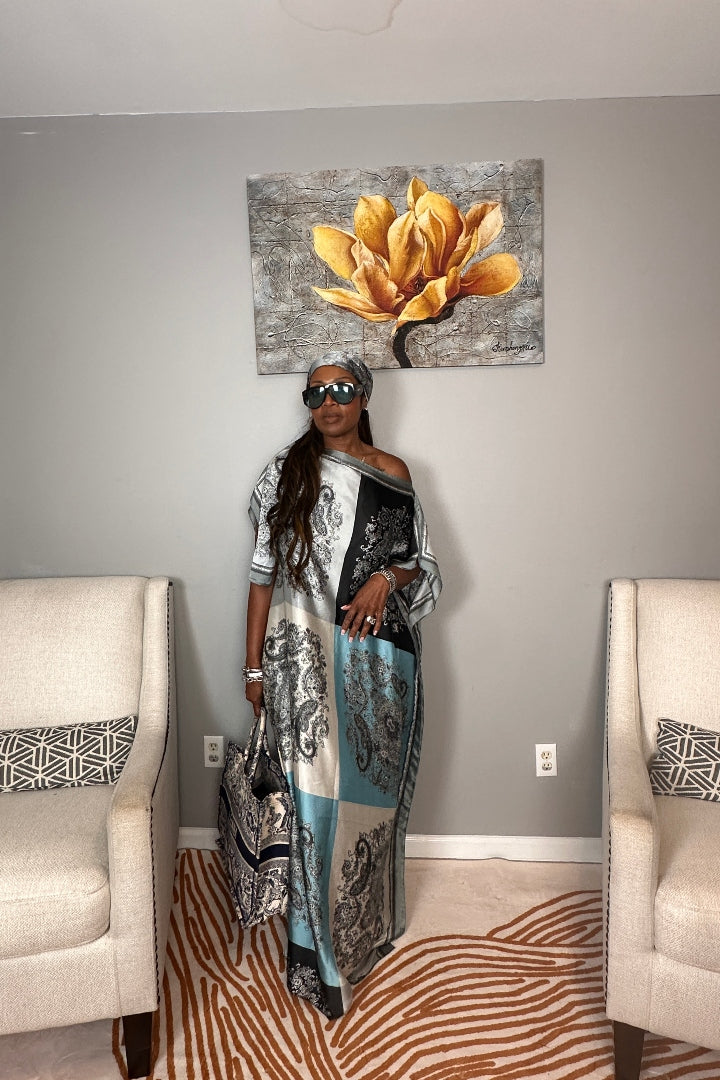 Vacation Vibes Kaftan Maxi Dress with Matching Scarf  -  Black White Silver Turquoise Blend
