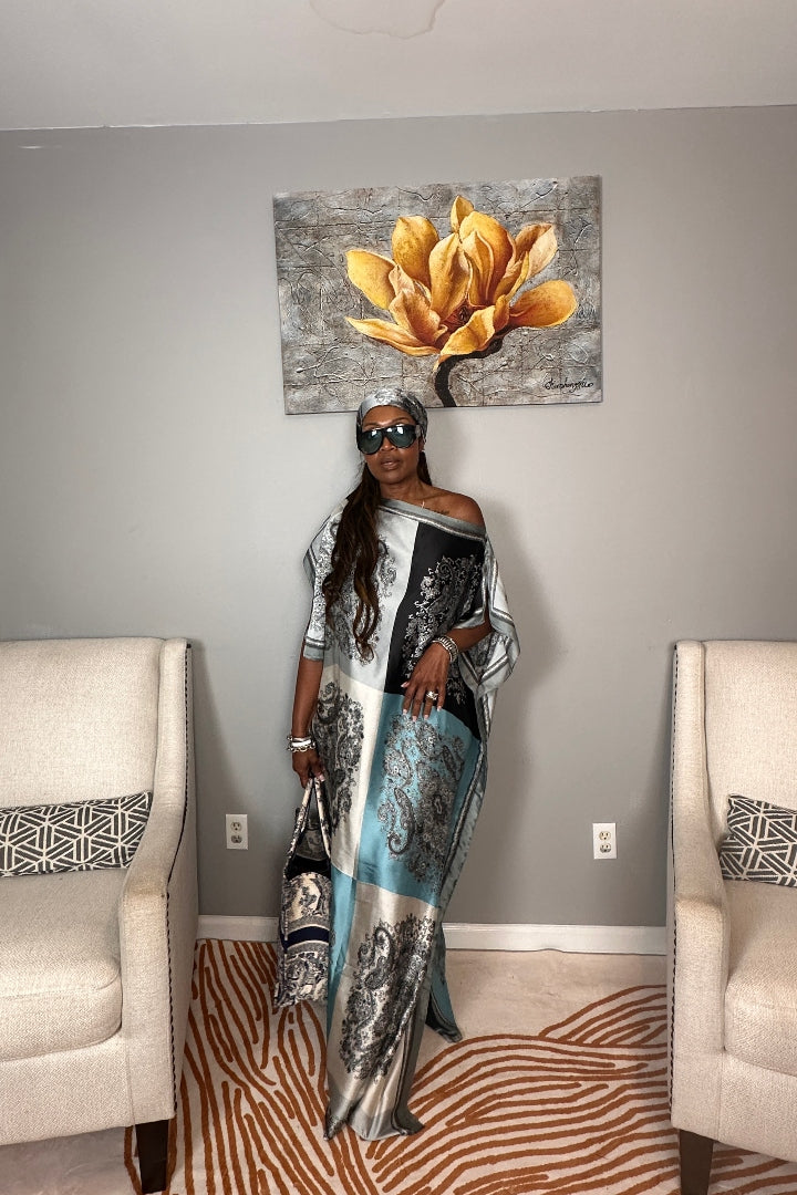 Vacation Vibes Kaftan Maxi Dress with Matching Scarf  -  Black White Silver Turquoise Blend