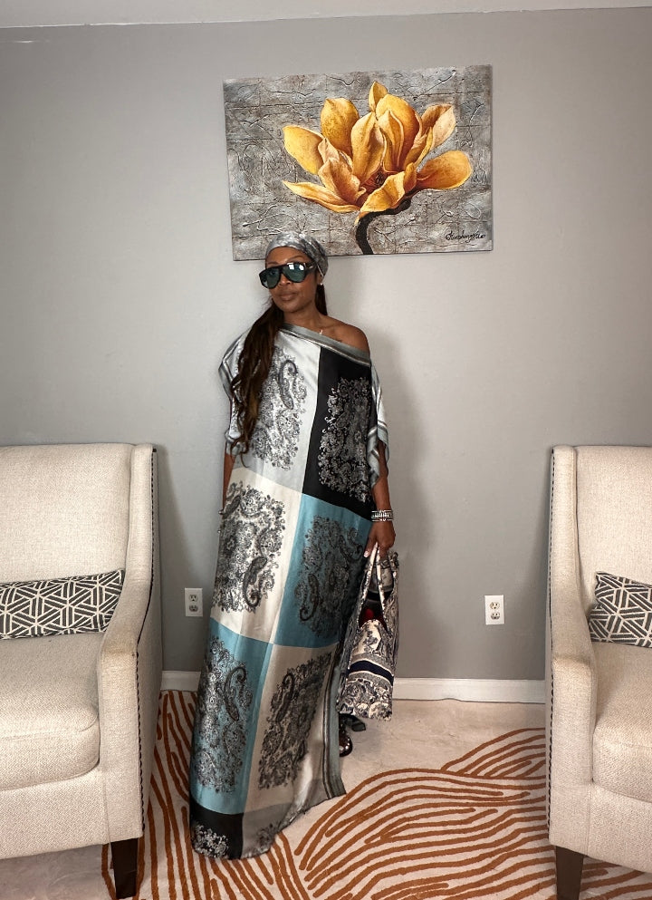 Vacation Vibes Kaftan Maxi Dress with Matching Scarf  -  Black White Silver Turquoise Blend