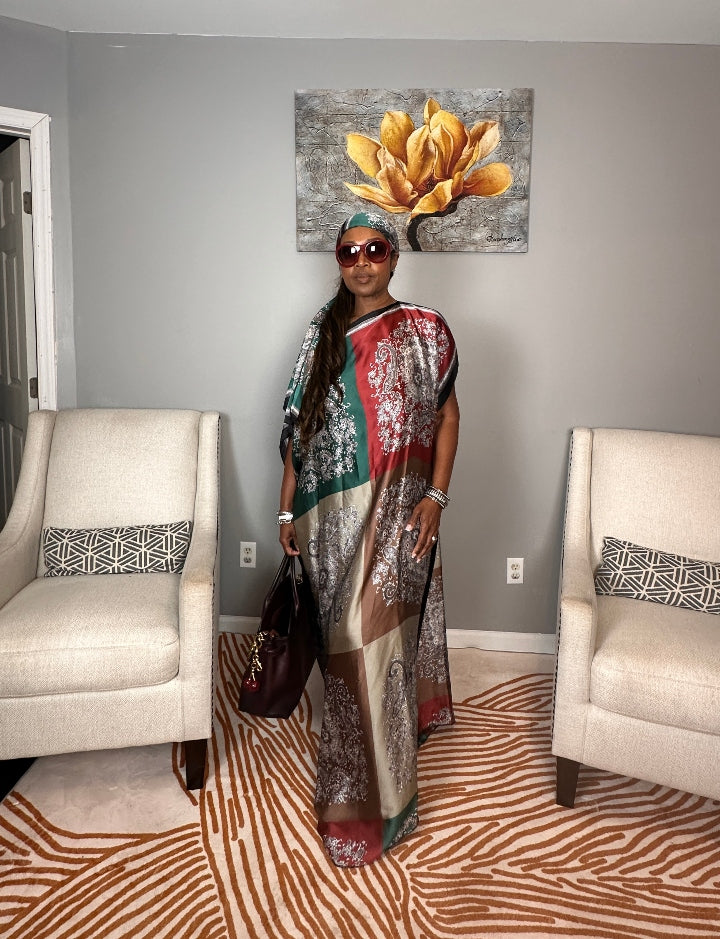 Vacation Vibes Kaftan Maxi Dress with Matching Scarf  -  Burgundy Emerald Chocolate Champagne Blend