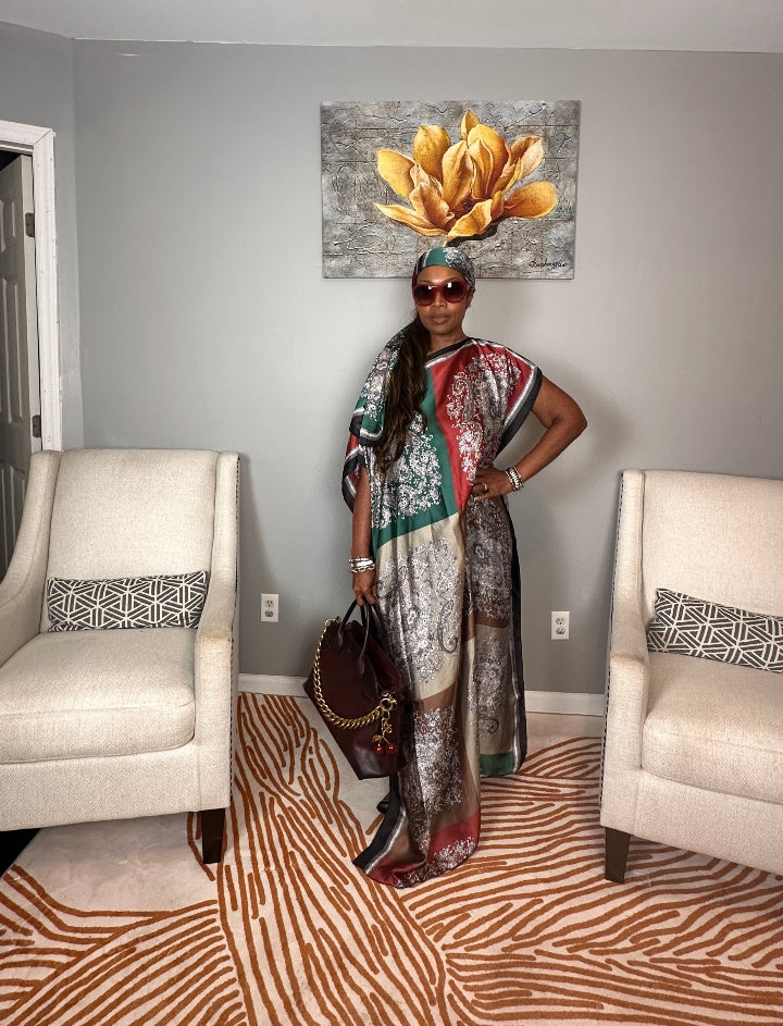Vacation Vibes Kaftan Maxi Dress with Matching Scarf  -  Burgundy Emerald Chocolate Champagne Blend