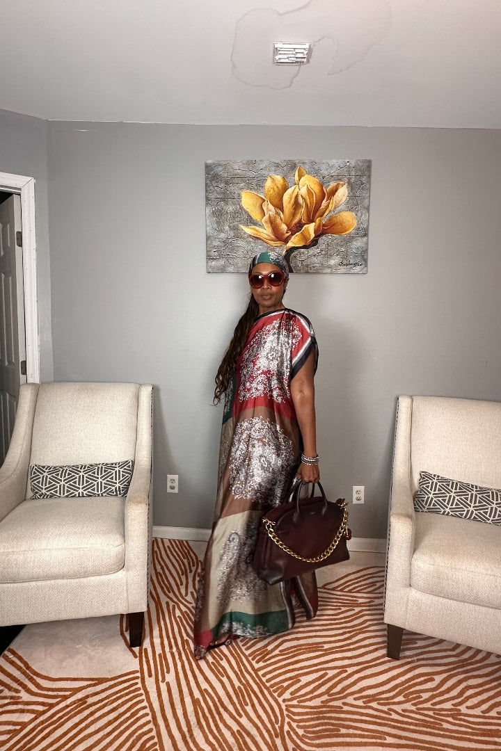 Vacation Vibes Kaftan Maxi Dress with Matching Scarf  -  Burgundy Emerald Chocolate Champagne Blend