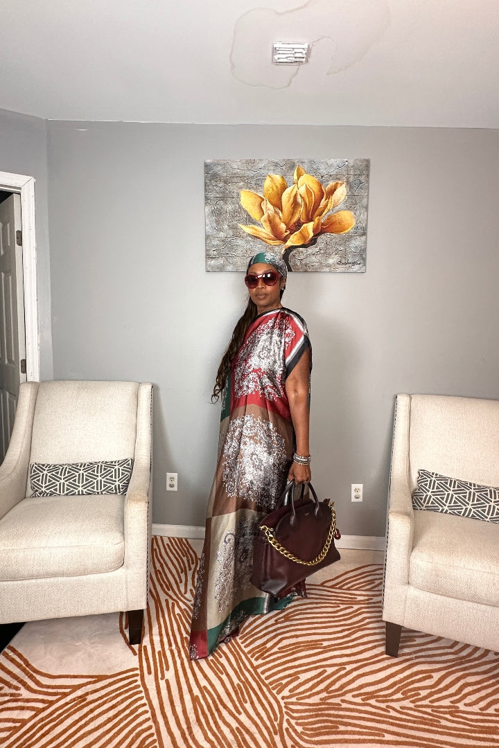 Vacation Vibes Kaftan Maxi Dress with Matching Scarf  -  Burgundy Emerald Chocolate Champagne Blend