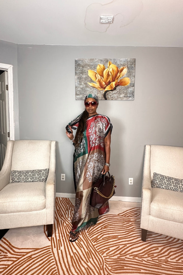 Vacation Vibes Kaftan Maxi Dress with Matching Scarf  -  Burgundy Emerald Chocolate Champagne Blend