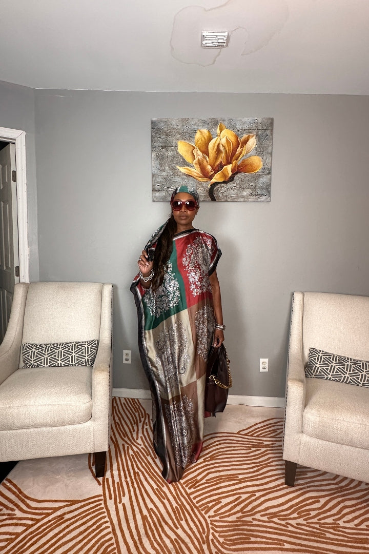 Vacation Vibes Kaftan Maxi Dress with Matching Scarf  -  Burgundy Emerald Chocolate Champagne Blend