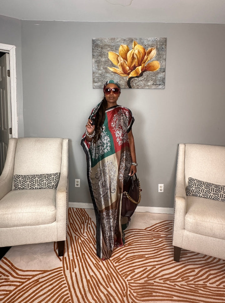Vacation Vibes Kaftan Maxi Dress with Matching Scarf  -  Burgundy Emerald Chocolate Champagne Blend